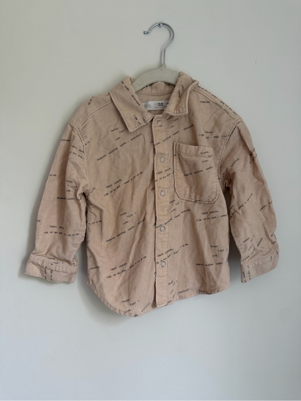 Zara Scattered Phrases Corduroy Button-Up Shirt (Size 18-24m)